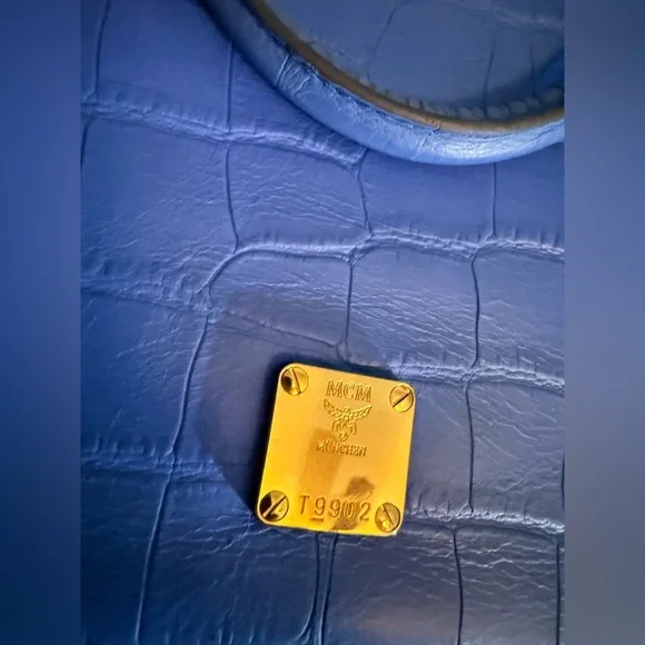 MCM Blue Croc-Embossed Leather Satchel Shoulder Bag EUC - Picture 6 of 8